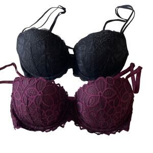 Victoria’s Secret PINK Date Push Up Bra Sz 32D Lot of 2 Lace Burgundy Black